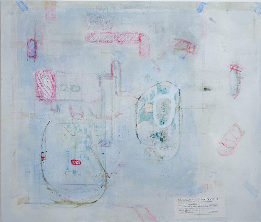 Les Beaux Arts, 2016 Techniques mixte et le transfert d’un dessin obsessionnel de mon père, et les miens sur toile de lin. 90 x 106 cm