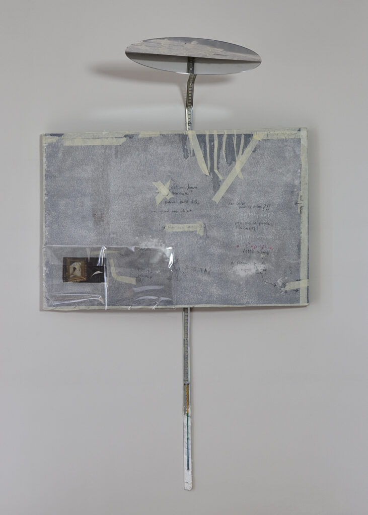 Panopticon, 2016 Mixed media on canvas, metal stick, tape, plastic mirror 90 x 140 cm