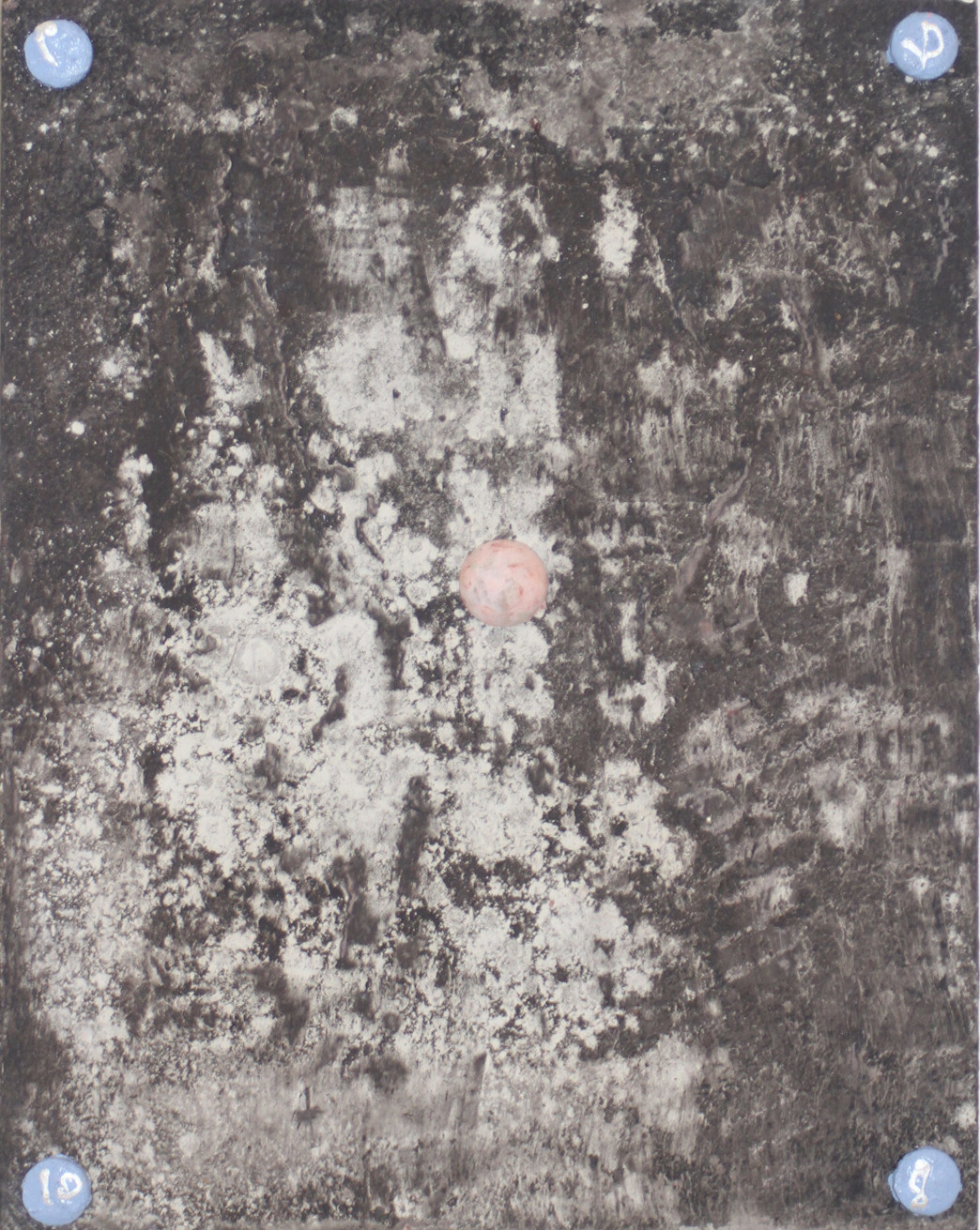 Headstone - Mixed media on wood, 5 crafted buttons 36 x 28 cm